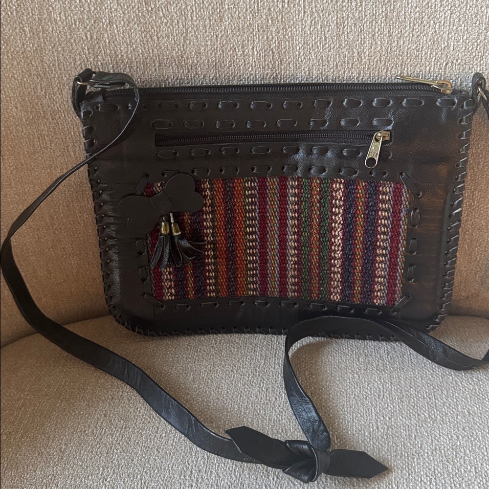 Black Leather Crossbody Bag with Colorful Stripes